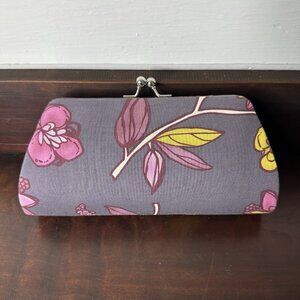 Boho Clutch Purse Purple Yellow Floral Silver Toned Kiss Lock Handbag